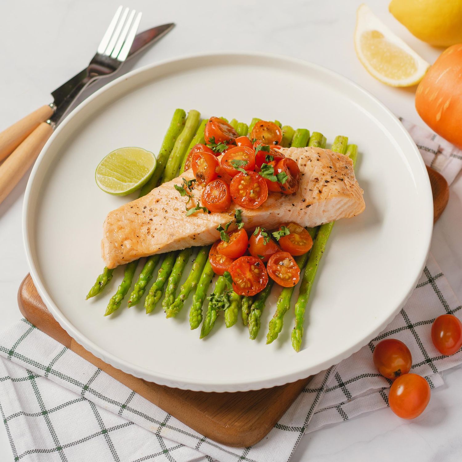 Atlantic Salmon with Sauted Cherry Tomato and Asparagus